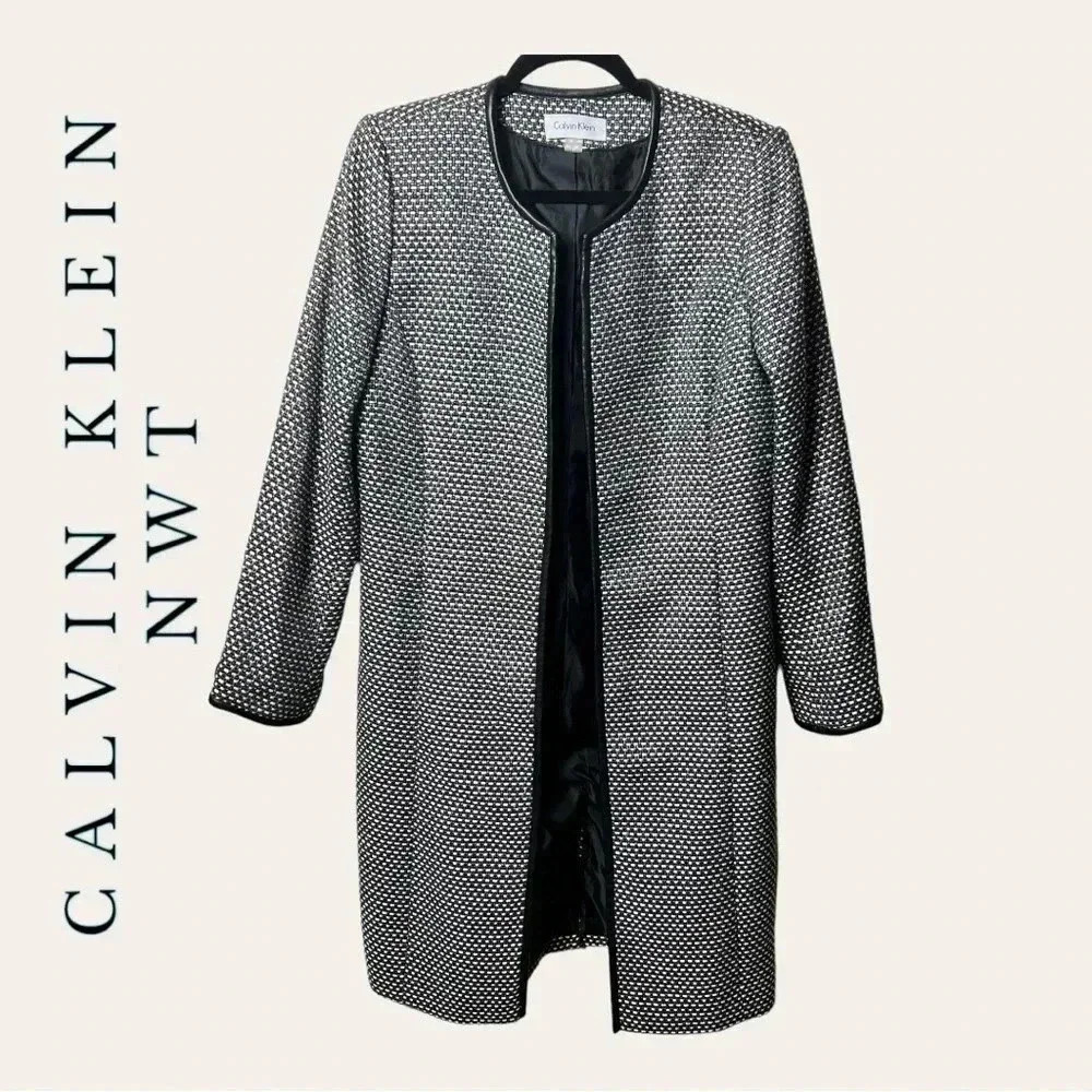 CALVIN KLEIN OPEN FRONT LONG JACKET SIZE 10 BLACK/WHITE/SILVER NWT